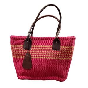 GAP Pink & Beige - Beach / Tote Bag -Jute & Palm Leaf w Leather Straps